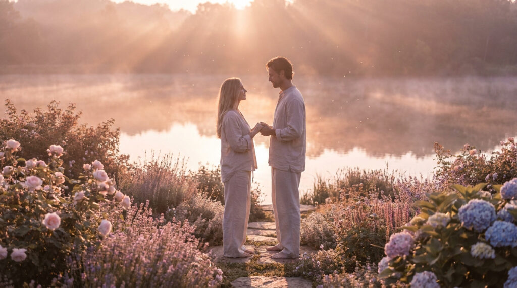 Un couple se tient la main et se regarde au bord d'un lac brumeux au lever du soleil, entouré de fleurs roses et mauves.