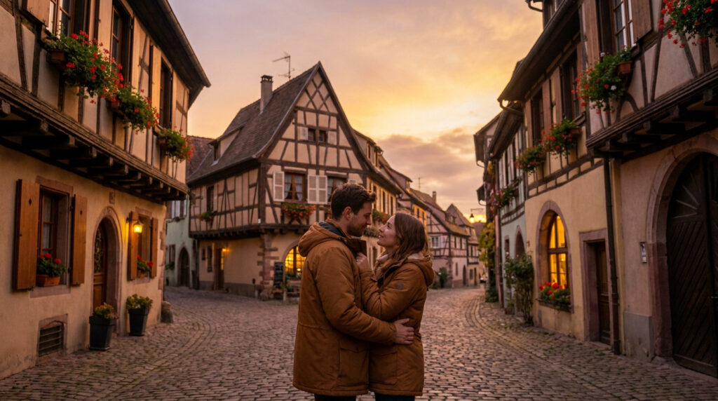Un couple s'étreint tendrement dans une charmante rue pavée alsacienne, bordée de maisons à colombages, au coucher du soleil.