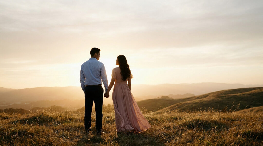 Un couple se tenant la main, dos à l'observateur, admirant un coucher de soleil sur des collines verdoyantes. La femme regarde l'homme.