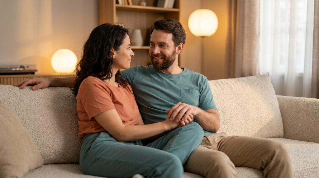 Couple souriant et amoureux, assis sur un canapé, se tenant la main. Lumière douce, ambiance intime et chaleureuse.