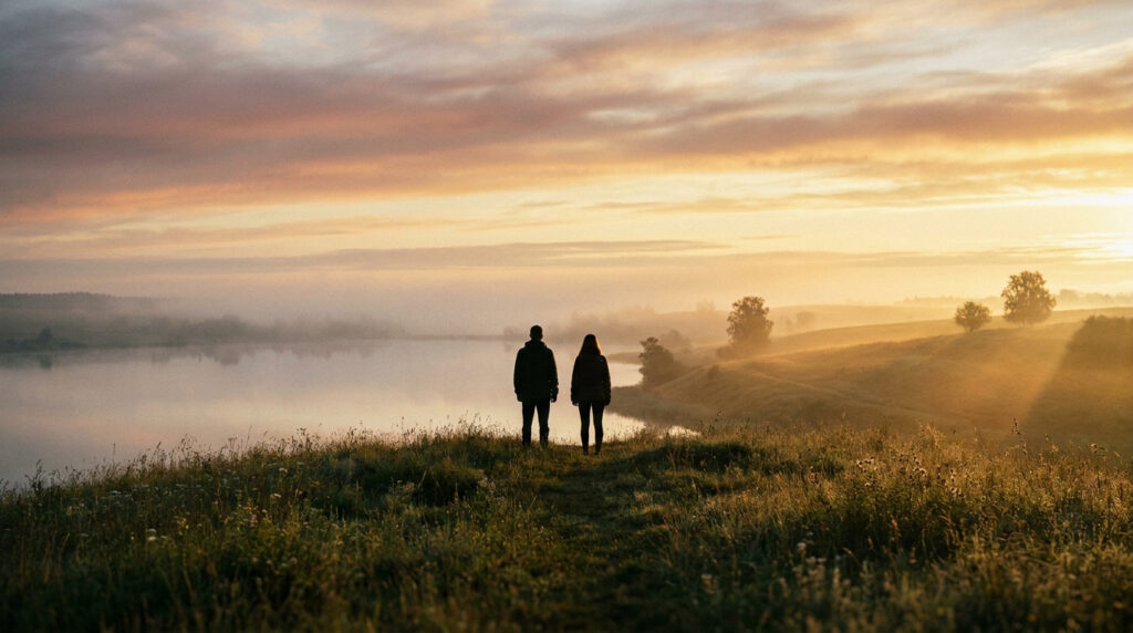 Silhouettes d'un couple regardant un lac et des collines embrumées au lever du soleil, baignés de lumière dorée et rosée.