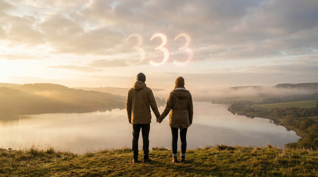 Un couple se tient la main et contemple un paysage lacustre brumeux au lever du soleil, avec le nombre 333 scintillant dans les nuages.