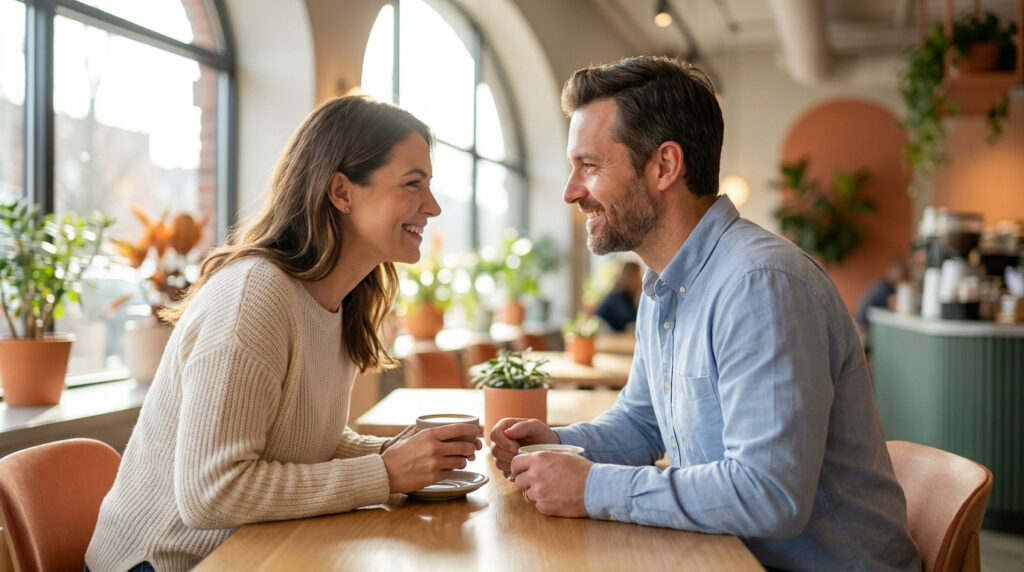 Un homme et une femme souriants se regardent tendrement lors d'un rendez-vous au café, avec des tasses de café. Ils semblent heureux.