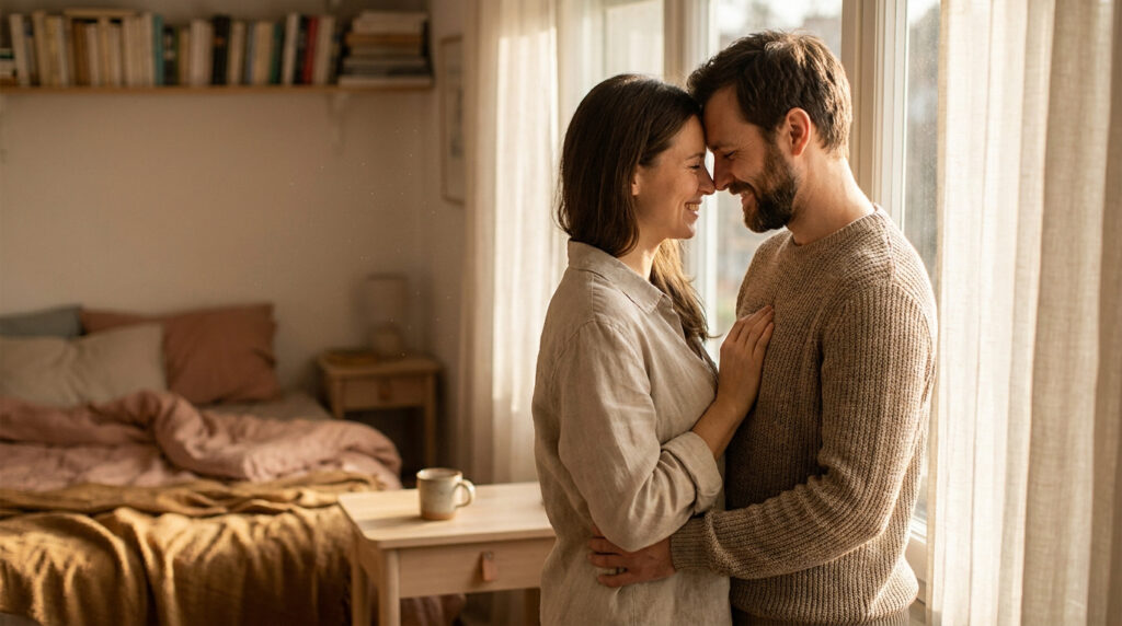 Un couple souriant et tendre, front contre front, s'étreint devant une fenêtre ensoleillée dans une chambre à coucher.