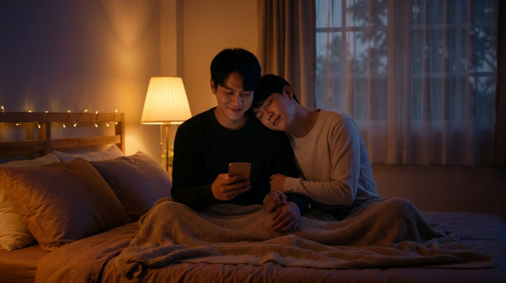Un couple est assis dans un lit. Un homme regarde son téléphone, l'autre a la tête posée sur son épaule, dans une ambiance chaleureuse.