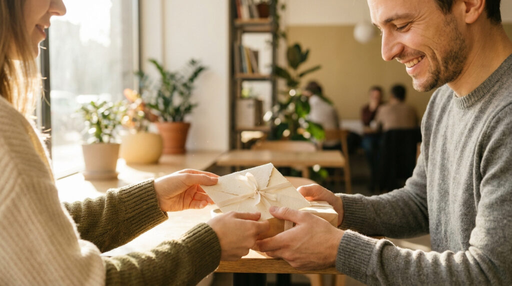 Une femme offre un petit cadeau et une enveloppe à un homme souriant dans un café lumineux. Symbole de gratitude et d'échange.