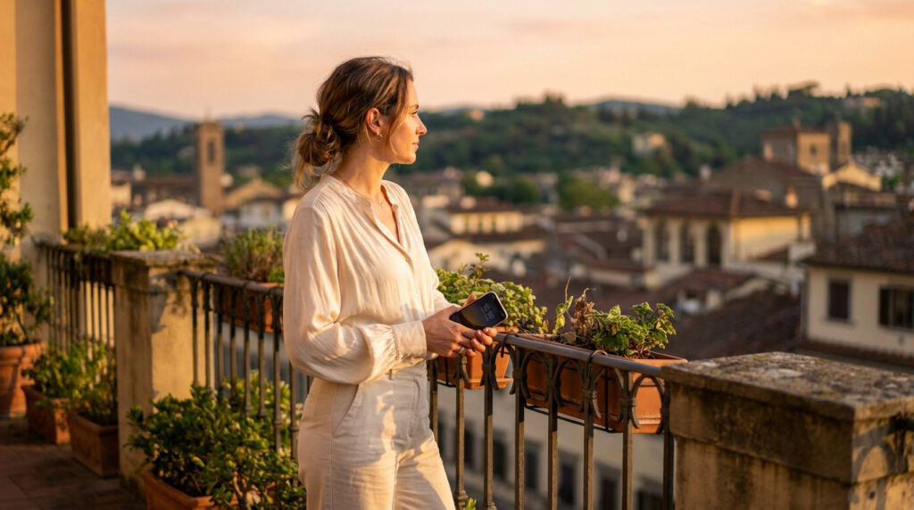 Jeune femme contemplative sur un balcon fleuri, regardant une ville au crépuscule, téléphone à la main montrant 16h16.