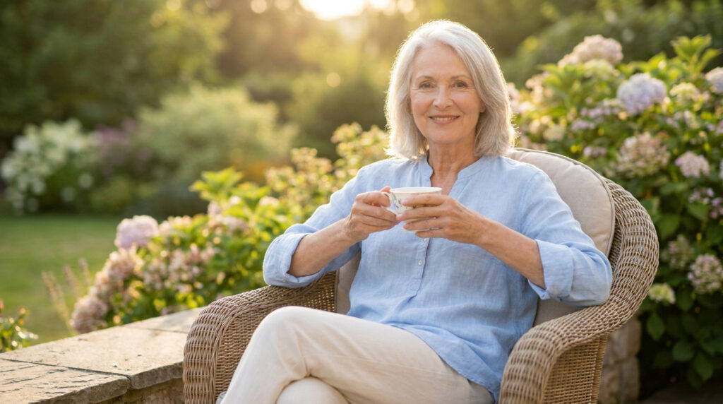 Femme senior souriante aux cheveux gris, assise dans un fauteuil en osier, tenant une tasse, dans un jardin ensoleillé.