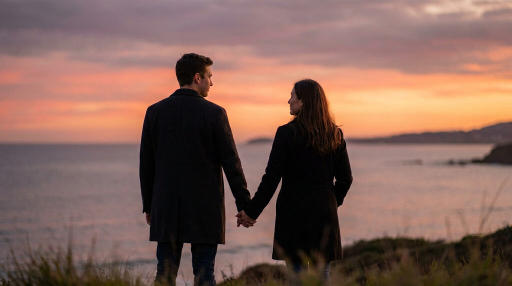 Un couple se tient la main, debout sur une colline, regardant un coucher de soleil rose-orange sur la mer.
