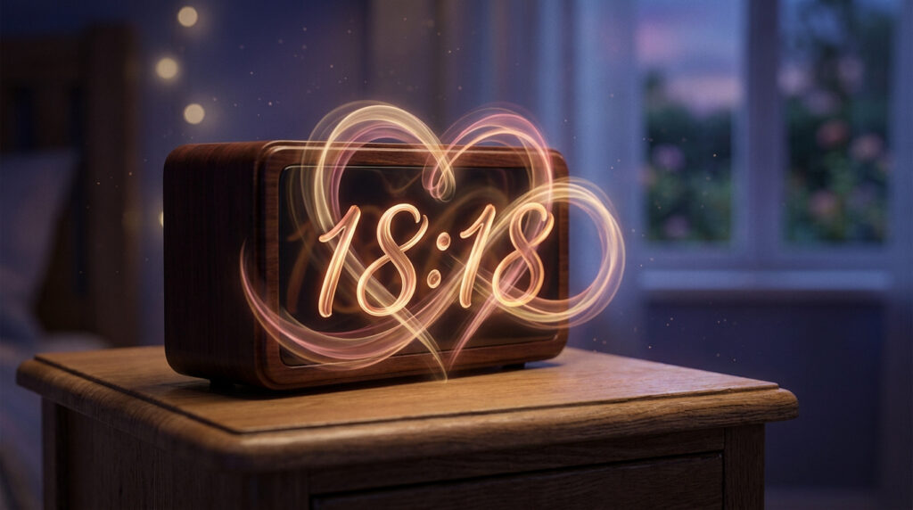 Horloge numérique en bois affichant 18:18, entourée de lumières tourbillonnantes roses et or formant un cœur, sur une table de nuit.