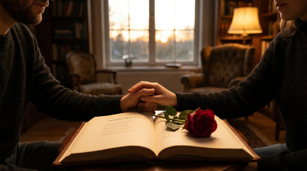 Un couple se tient les mains devant un livre de poèmes d'amour avec une rose rouge, ambiance chaleureuse au coucher de soleil.