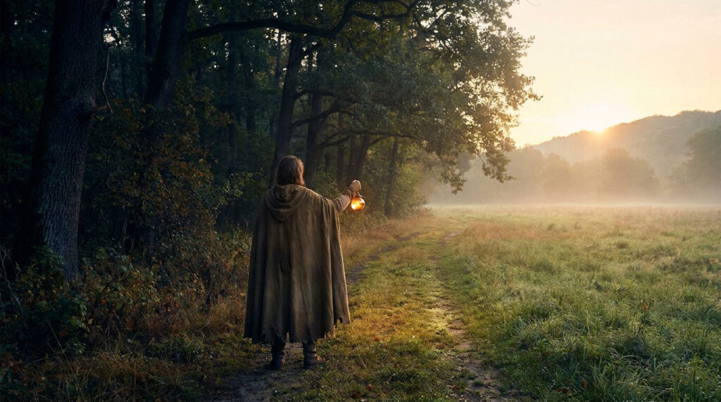 Vue arrière d'une personne en cape tenant une lanterne, marchant sur un sentier brumeux entre forêt et prairie au lever du soleil.