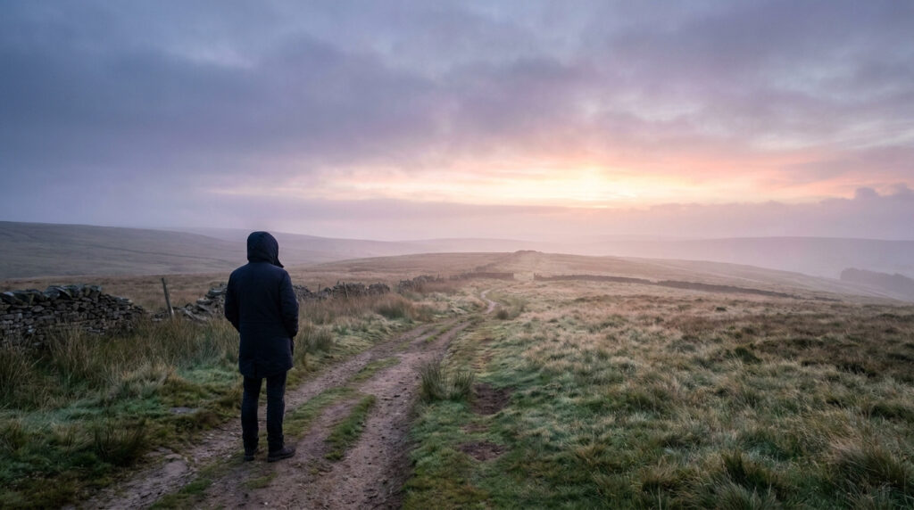 Vue de dos d'une personne seule, capuche levée, sur un chemin de terre sinueux dans un paysage vallonné et brumeux au lever du soleil.