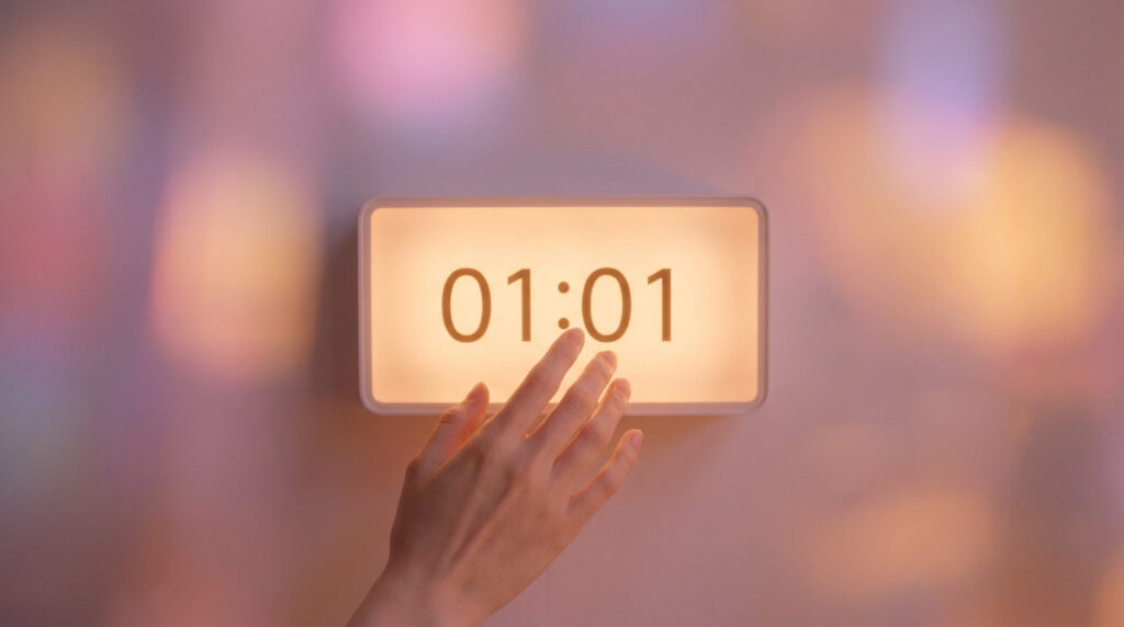 Main caressant un réveil numérique lumineux affichant « 01:01 » sur un fond flou aux teintes pastel chaudes et douces.