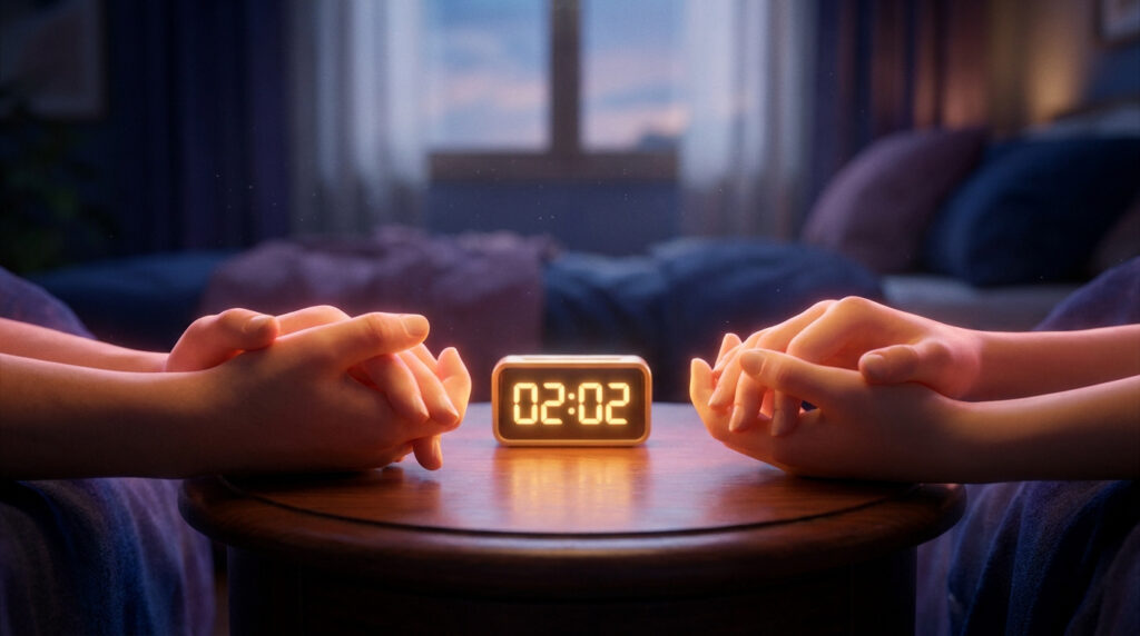 Deux mains stylisées, les paumes reposant sur une table en bois, encadrent un réveil digital affichant 02:02. Ambiance intime.