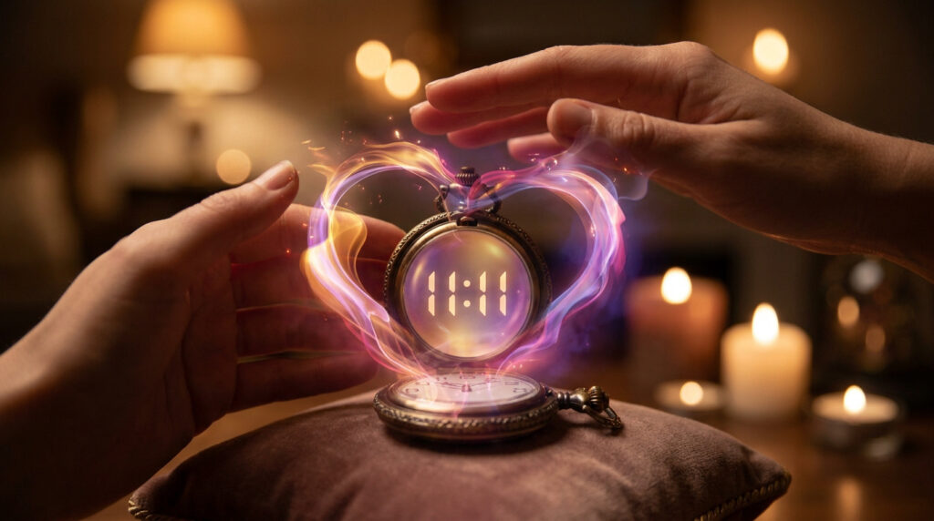 Mains au-dessus d'une montre de poche affichant 11:11, entourée d'une aura lumineuse en forme de cœur. Ambiance mystique.