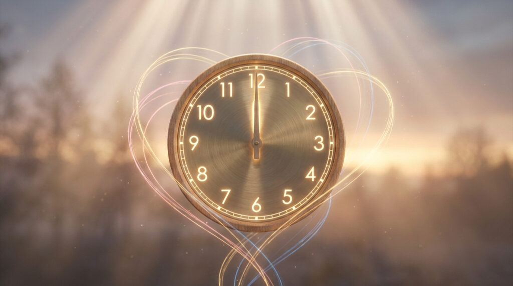 Une horloge dorée et en bois affiche 12h00, entourée de lumières formant des cœurs dans un décor céleste et brumeux.