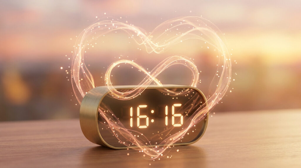 Un réveil numérique doré affiche 16:16, entouré d'un halo lumineux en forme de cœur avec des particules scintillantes, sur fond flou et chaleureux.