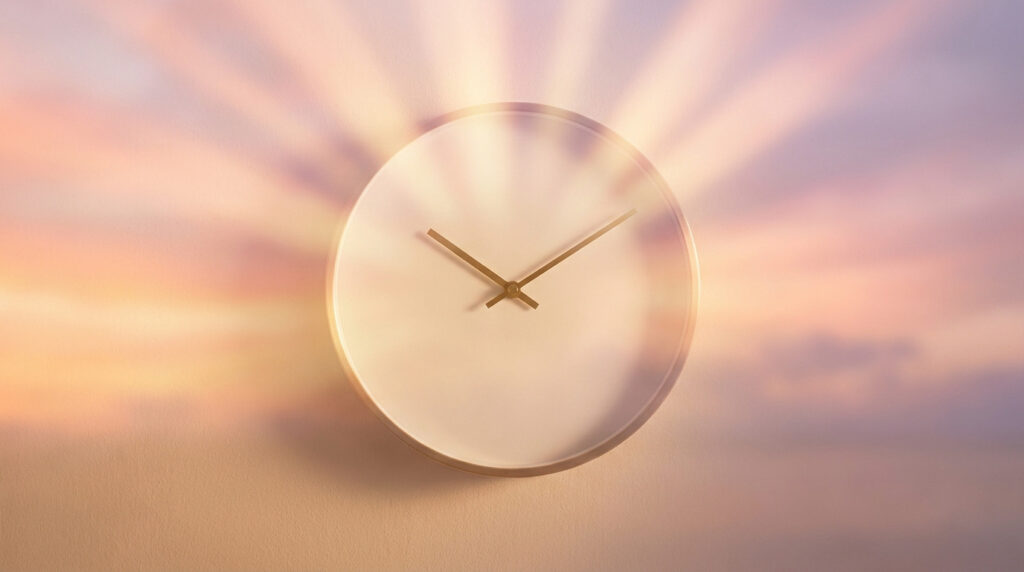 Une horloge murale blanche minimaliste avec des aiguilles dorées pointant vers 10h10, irradiant une douce lumière dorée dans un arrière-plan pastel.