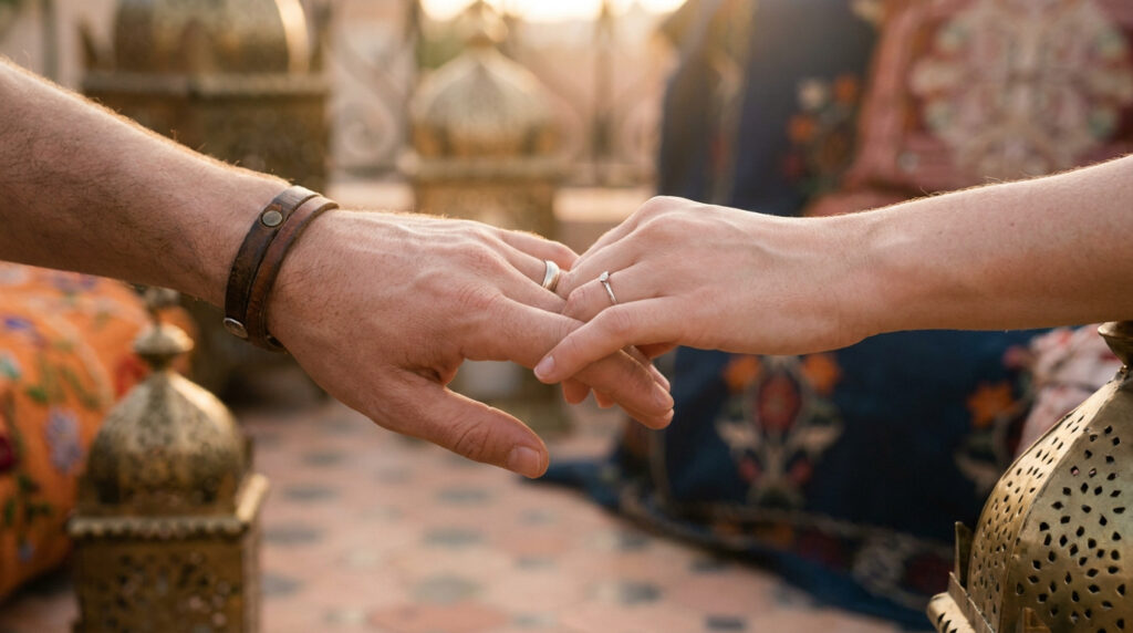 Gros plan sur deux mains, masculine et féminine, baguées, se touchant délicatement. Lanternes marocaines en arrière-plan sous une lumière douce.
