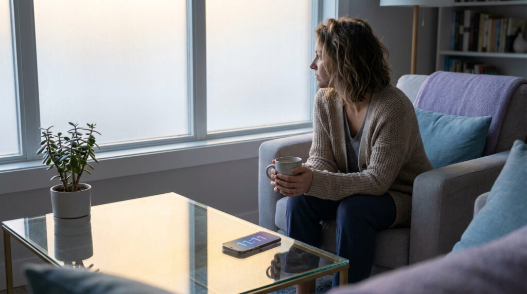 Femme pensive regardant par une fenêtre givrée, tasse à la main. Sur la table basse, un smartphone indique l'heure miroir 11:11.