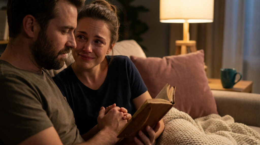 Un couple lit un livre sur un canapé, la femme a les yeux larmoyants mais un doux sourire, les mains entrelacées. Ambiance chaleureuse.