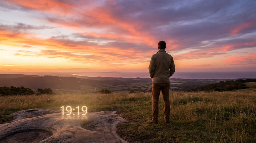 Un homme contemple un coucher de soleil ardent sur une vallée. Le nombre lumineux 19:19 apparaît sur un rocher.
