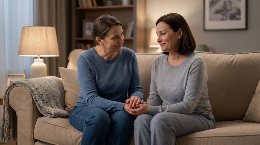 Deux femmes souriantes se tiennent la main sur un canapé, se regardant avec empathie dans un salon chaleureux.