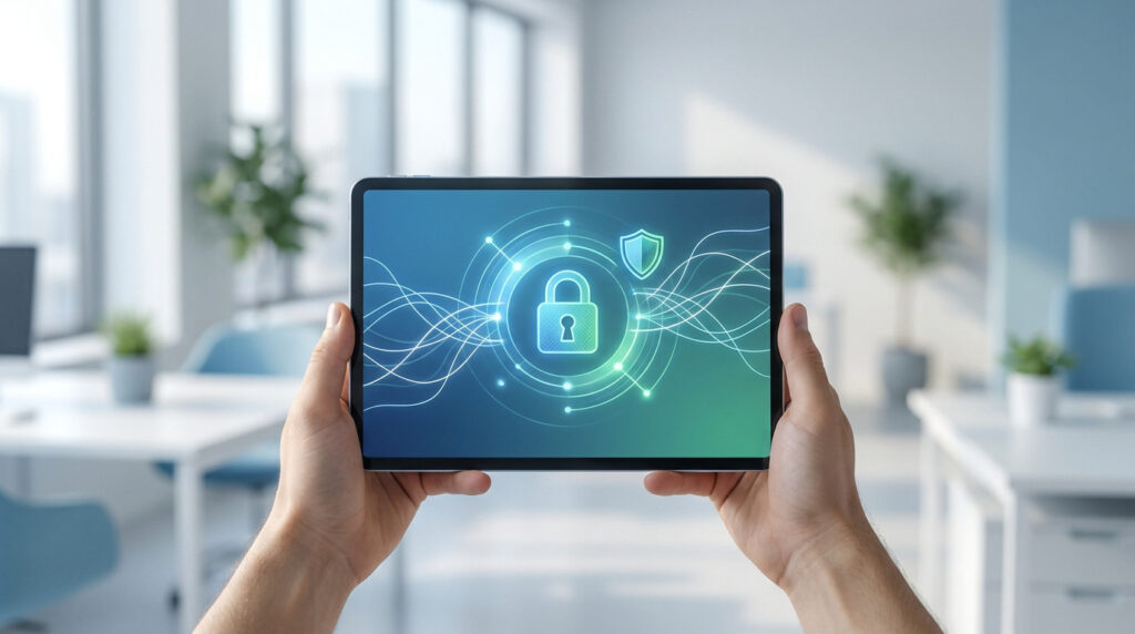 Mains tenant une tablette affichant un cadenas et un bouclier, symboles de sécurité numérique dans un bureau.