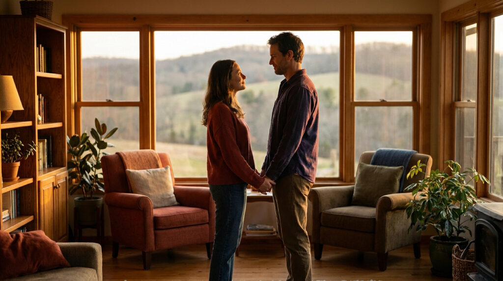 Un couple se tient la main et se regarde tendrement, devant une fenêtre avec vue sur la nature, baigné par la lumière du soleil couchant.