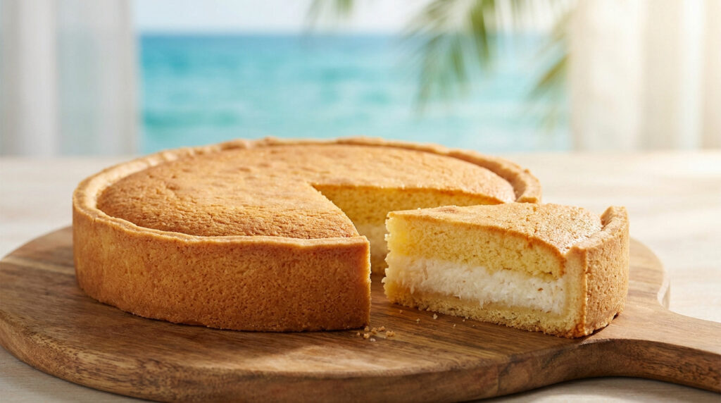 Tourment d'amour des Saintes coupé en part, montrant la garniture coco sur planche en bois. Mer turquoise en arrière-plan.